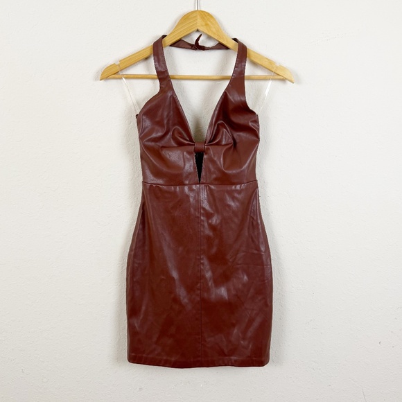 Babyboo Chocolate Brown Faux Leather Halter Mini Dress Size XS - Picture 1 of 6